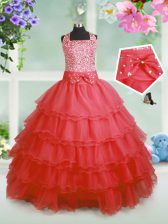  Coral Red Ball Gowns Beading and Ruffles and Bowknot Little Girl Pageant Dress Zipper Organza Sleeveless Floor Length