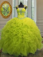 Great Straps Yellow Green Cap Sleeves Beading and Ruffles and Sequins Floor Length Quinceanera Gowns