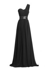  Black Column/Sheath One Shoulder Sleeveless Chiffon Floor Length Zipper Ruching and Belt Prom Evening Gown