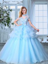  SeeThrough Light Blue 15th Birthday Dress Prom and Party with Appliques and Ruffled Layers High-neck Short Sleeves Lace Up