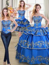High Quality Three Piece Sleeveless Floor Length Beading and Embroidery and Ruffled Layers Lace Up Quince Ball Gowns with Blue