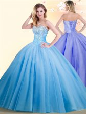 Simple Sleeveless Tulle Floor Length Lace Up Quinceanera Gown in Baby Blue with Beading