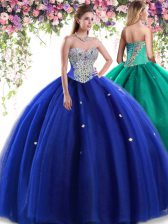 Suitable Royal Blue Ball Gowns Beading Quince Ball Gowns Lace Up Tulle Sleeveless Floor Length