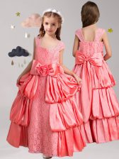 Wonderful Straps Floor Length Watermelon Red Flower Girl Dresses for Less Taffeta and Lace Cap Sleeves Pick Ups and Bowknot and Hand Made Flower
