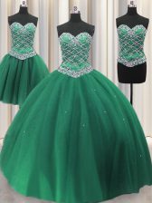 Adorable Three Piece Green Lace Up Sweet 16 Dress Beading and Ruffles Sleeveless Floor Length