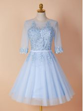 Colorful Light Blue A-line Organza Scoop Half Sleeves Appliques Knee Length Backless Prom Dresses