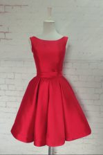 Dazzling Bateau Sleeveless Homecoming Dress Knee Length Bowknot Red Satin
