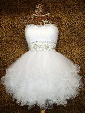 Flare White Strapless Neckline Beading and Ruffles Prom Evening Gown Sleeveless Lace Up