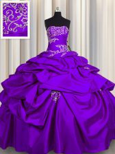  Sleeveless Floor Length Appliques and Pick Ups Lace Up Sweet 16 Dress with Purple