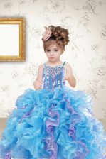 High Quality Sleeveless Organza Floor Length Lace Up Kids Pageant Dress in Multi-color with Beading and Ruffles and Sequins