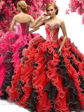  Sleeveless Floor Length Beading and Ruffles Lace Up Quinceanera Gowns with Red And Black