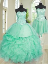 Discount Three Piece Turquoise Sweetheart Neckline Beading and Ruffles Ball Gown Prom Dress Sleeveless Lace Up