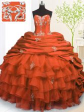  Organza and Taffeta Strapless Sleeveless Brush Train Lace Up Beading and Appliques and Ruffled Layers and Pick Ups Sweet 16 Quinceanera Dress in Orange Red