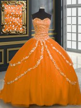 Luxury Sleeveless Brush Train Lace Up With Train Beading and Appliques 15 Quinceanera Dress