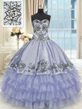 Clearance Floor Length Lavender 15th Birthday Dress Organza and Taffeta Sleeveless Beading and Embroidery and Ruffled Layers