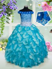 Cute Off the Shoulder Turquoise Organza Lace Up Girls Pageant Dresses Sleeveless Floor Length Beading and Sashes ribbons and Sequins