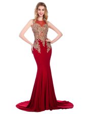 Super Scoop With Train Wine Red Prom Evening Gown Elastic Woven Satin Brush Train Sleeveless Lace and Appliques