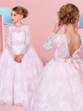 Edgy Pink Ball Gowns Scoop Long Sleeves Lace Floor Length Backless Lace and Bowknot Toddler Flower Girl Dress