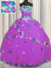 Amazing Lilac Lace Up Vestidos de Quinceanera Hand Made Flower Sleeveless Floor Length