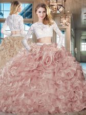  Scoop Long Sleeves Sweet 16 Dress Brush Train Beading and Lace and Ruffles Pink Organza