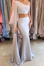 On Sale Silver Mermaid One Shoulder Long Sleeves Elastic Woven Satin Floor Length Side Zipper Ruching Prom Dresses