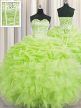  Visible Boning Floor Length Yellow Green Quince Ball Gowns Organza Sleeveless Beading and Ruffles and Pick Ups