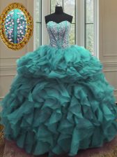 Best Turquoise Sleeveless Beading and Ruffles Floor Length Quinceanera Dresses