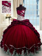  Wine Red Lace Up Quinceanera Dresses Beading and Appliques and Pick Ups Sleeveless With Brush Train
