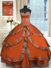 Custom Design Sweetheart Sleeveless Quince Ball Gowns Floor Length Beading and Embroidery and Ruffled Layers Rust Red Taffeta