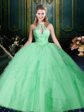  Halter Top Sleeveless Tulle 15th Birthday Dress Beading and Lace and Ruffles and Ruching Lace Up