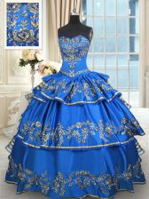 Eye-catching Blue Sweetheart Neckline Beading and Embroidery and Ruffled Layers Quince Ball Gowns Sleeveless Lace Up