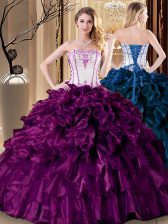 Sumptuous Purple Ball Gowns Organza Strapless Sleeveless Pick Ups Floor Length Lace Up Quince Ball Gowns