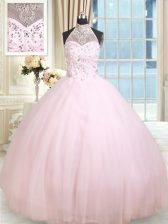  Halter Top Baby Pink Ball Gowns Beading Ball Gown Prom Dress Lace Up Tulle Sleeveless Floor Length