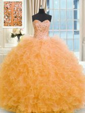 Popular Orange Lace Up Strapless Beading and Ruffles Vestidos de Quinceanera Tulle Sleeveless