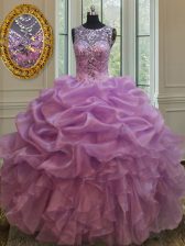 Sophisticated See Through Floor Length Lilac Quinceanera Gown Scoop Sleeveless Lace Up