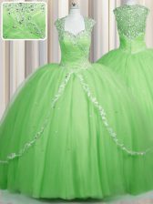 See Through Sweetheart Cap Sleeves Quinceanera Dress With Brush Train Beading and Appliques Tulle