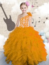  Orange One Shoulder Neckline Embroidery and Ruffles and Hand Made Flower Little Girl Pageant Gowns Sleeveless Lace Up