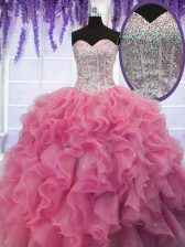  Rose Pink Ball Gowns Organza Sweetheart Sleeveless Ruffles and Sequins Floor Length Lace Up Ball Gown Prom Dress