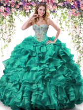  Sleeveless Floor Length Beading and Ruffles Lace Up Ball Gown Prom Dress with Turquoise
