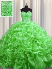 Best Selling Lace Up Sweetheart Beading and Pick Ups Quince Ball Gowns Organza Sleeveless Court Train