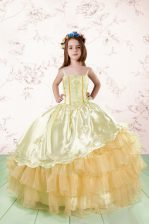  Sleeveless Lace Up Floor Length Embroidery and Ruffled Layers Little Girls Pageant Gowns