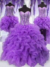  Four Piece Sweetheart Sleeveless Quinceanera Gowns Floor Length Ruffles and Sequins Eggplant Purple Organza