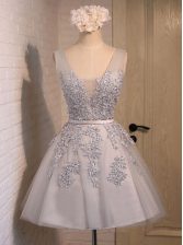  Grey A-line Organza V-neck Sleeveless Beading and Appliques Mini Length Lace Up Homecoming Dress
