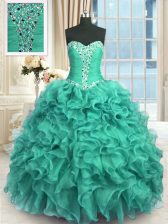  Turquoise Sweetheart Lace Up Beading and Ruffles Quinceanera Gown Sleeveless