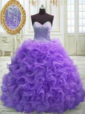Exceptional Purple Ball Gowns Sweetheart Sleeveless Organza Sweep Train Lace Up Beading and Ruffles 15th Birthday Dress