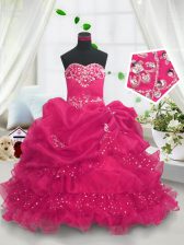 Hot Sale Hot Pink Sleeveless Floor Length Beading and Ruffled Layers and Pick Ups Lace Up Womens Party Dresses
