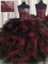  Wine Red Ball Gowns Sweetheart Sleeveless Organza and Tulle Floor Length Lace Up Beading and Ruffles and Ruffled Layers Quinceanera Dresses