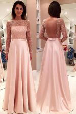 Fine Pink Long Sleeves With Train Beading Backless Evening Dress