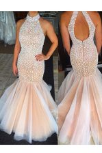On Sale Mermaid Prom Evening Gown Peach High-neck Tulle Sleeveless Floor Length Zipper