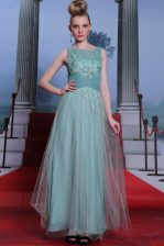  Sleeveless Chiffon Floor Length Side Zipper Prom Party Dress in Light Blue with Beading and Appliques and Ruching